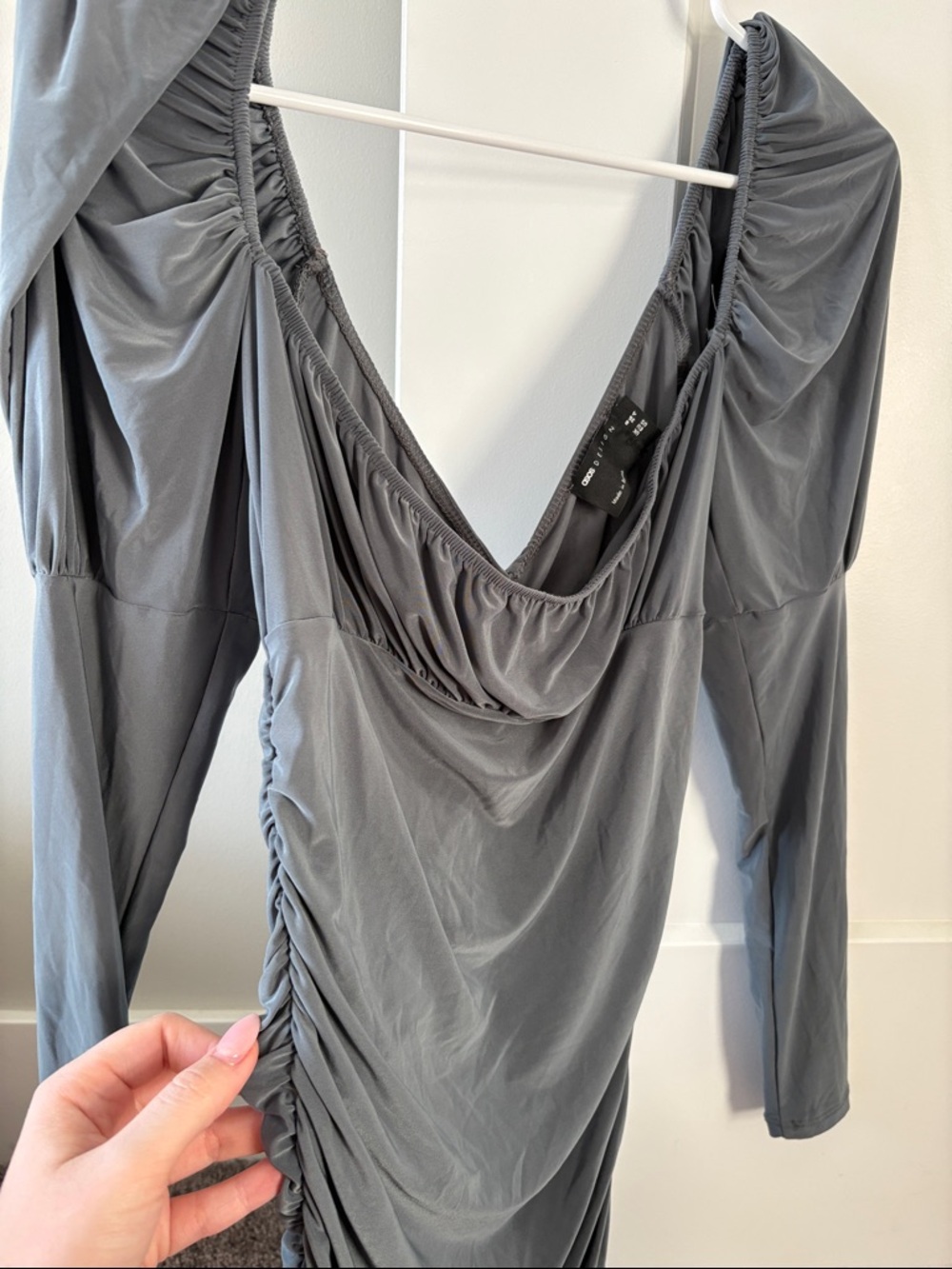 ASOS Ruched Long Sleeve Cowl Neck Dress in Gray